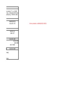 IMPORTE
$110.72
Vinculado a BASICO 001
$18.11
$6.57
$135.40
$13.54
$4.06
$17.60
$153.00
M2
TARIO + IVA
or con concreto F´c=10