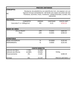 PRECIOS UNITARIOS
CONCEPTO:
M2
MATERIAL
CONCEPTO
UNIDAD
CANTIDAD
COSTO UNIT.
Concreto F´c= 100kg/cm2
M3
0.15
$752.15
MANO DE