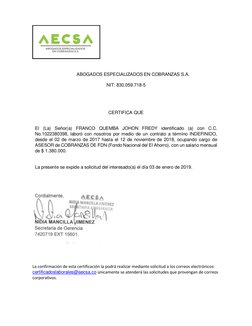 ABOGADOS ESPECIALIZADOS EN COBRANZAS S.A. 
          
NIT: 830.059.718-5