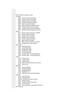 SAP Functional Transaction Codes 
Customer                
        XD01    Create Customer (Centrally)
        XD02    Change