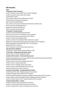 Npi Program Manager NPI Project Management Checklist | PDF | Mass Production | Verification ...