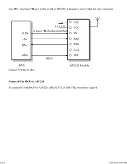 Any MCU which has TTL port is able to talk to APC220. A diagram is shown below for easy connection.
Connect APC220 to MCU
Con