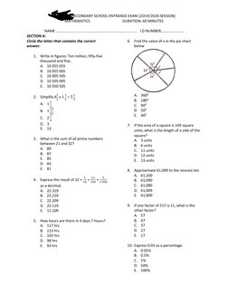HILLRANGE SECONDARY SCHOOL ENTRANCE EXAM (2O19/2020 SESSION) 
MATHEMATICS                                   DURATION: 60 MINU
