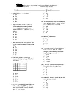 HILLRANGE SECONDARY SCHOOL ENTRANCE EXAM (2O19/2020 SESSION) 
MATHEMATICS                                   DURATION: 60 MINU