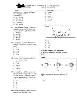 HILLRANGE SECONDARY SCHOOL ENTRANCE EXAM (2O19/2020 SESSION) 
MATHEMATICS                                   DURATION: 60 MINU