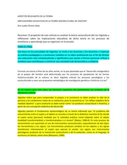 ASPECTOS RELEVANTES DE LA TEORIA
IMPLICACIONES EDUCATIVAS DE LA TEORÍA SOCIOCULTURAL DE VIGOTSKY 
Ana Lupita Chaves Salas
Res