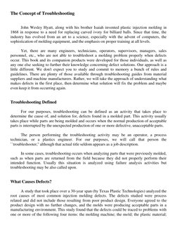 The Concept of Troubleshooting 
 
 
John Wesley Hyatt, along with his brother Isaiah invented plastic injection molding in 
1