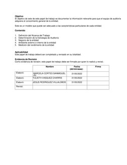 Objetivo 
El objetivo de este de este papel de trabajo es documentar la información relevante para que el equipo de auditoría