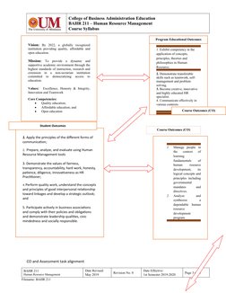 College of Business Administration Education
BAHR 211 – Human Resource Management
Course Syllabus
CO and Assessment task alig