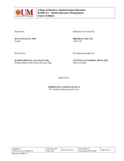 College of Business Administration Education
BAHR 211 – Human Resource Management
Course Syllabus
Prepared by:
References rev