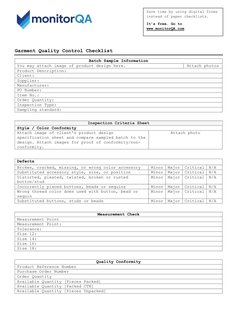 Garment Quality Control Checklist 
Batch Sample Information 
You may attach image of product design here. 
Attach photos