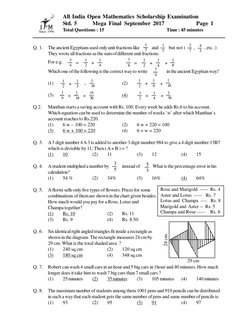 All India Open Mathematics Scholarship Examination
Std. 5
Mega Final September 2017
Page 1
Total Questions : 15
Time : 45 min