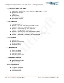 AVR Microcontroller Instructor-led Online Training Program
Web - www.multisoftvirtualacademy.com
Email - info@multisoftvirtua