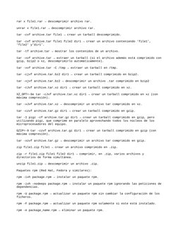 rar x file1.rar → descomprimir archivo rar.
unrar x file1.rar → descomprimir archivo rar.
tar -cvf archive.tar file1 → crear