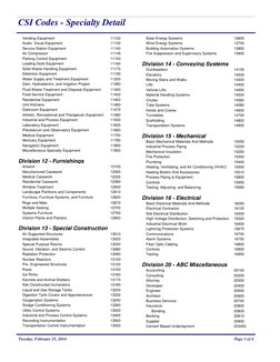 CSI Codes - Specialty Detail
Vending Equipment
11120
Audio  Visual Equipment
11130
Service Station Equipment
11140
Air Compre