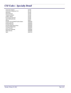 CSI Codes - Specialty Detail
Construction Reports
201000
Construction Employment Firm
201100
Advertising
201200
Internet Serv
