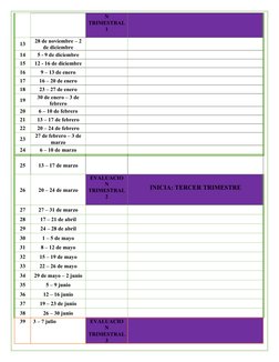 N
TRIMESTRAL
1
13
28 de noviembre – 2
de diciembre
14
5 - 9 de diciembre
15
12 - 16 de diciembre
16
9 – 13 de enero
17
16 – 2