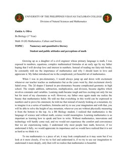 UNIVERSITY OF THE PHILIPPINES VISAYAS TACLOBAN COLLEGE 
Division of Natural Sciences and Mathematics
Zaskia A. Oliva
Bs Biolo