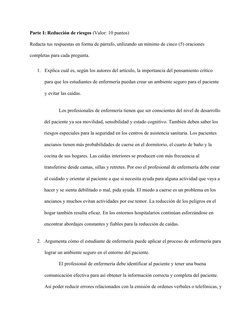 Parte I: Reducción de riesgos (Valor: 10 puntos)
Redacta tus respuestas en forma de párrafo, utilizando un mínimo de cinco (5