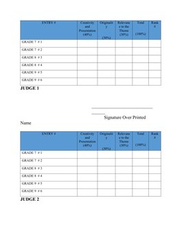 ENTRY # 
Creativity
and
Presentation
(40%)
Originalit
y
(30%)
Relevanc
e to the
Theme
(30%)
Total
(100%)
Rank
#
GRADE 7  # 1