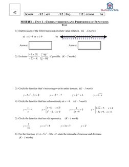 MHF4U1 - UNIT 1 – CHARACTERISTICS AND PROPERTIES OF FUNCTIONS 
TEST 
1) Express each of the following using absolute value no