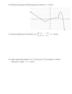 14)  Determine the equation of the following piecewise function.  (I – 4 marks)