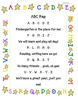 A
B
C
D
E
F
G
H
I
J
K
L
M
S
R
Q
P
O
N
T
U
V
W
X
Y
Z
ABC Rap
A – B – C – D – E 
Kindergarten is the place for me!
F – G – H –