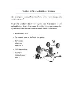 FUNCIONAMIENTO DE LA DIRECCIÓN HIDRÁULICA 
¿Qué lo componen para que funcione de forma óptima y cómo trabajan estas 
partes e