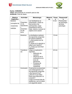 MODALIDAD HÍBRIDA MIXTA PP 2022-I
 
Fecha: 14/06/2022
Título: Descubriendo mi vocación para la vida 
Ambiente: Aula de clases