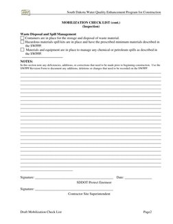 South Dakota Water Quality Enhancement Program for Construction 
 
MOBILIZATION CHECK LIST (cont.) 
(Inspection) 
 
Waste Di