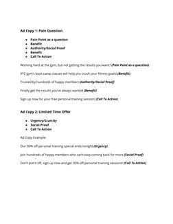  
 
Ad Copy 1: Pain Question 
 
●
Pain Point as a question 
●
Benefit 
●
Authority/Social Proof 
●
Benefit 
●
Call To Actio