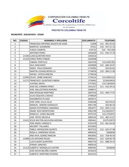 NO.
CODIGO
NOMBRES Y APELLIDOS
DOCUMENTO
TELEFONO
1
FRANCISCO ANTONIO ACOSTA DE ALBA 
12309
311 - 401 45 02
2
MARITZA  GUERRE