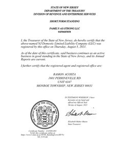 STATE OF NEW JERSEY
DEPARTMENT OF THE TREASURY
DIVISION OF REVENUE AND ENTERPRISE SERVICES
SHORT FORM STANDING
FAMILY-AS-