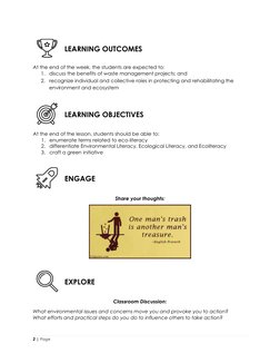 2 | Page 
 
 
 
LEARNING OUTCOMES 
 
At the end of the week, the students are expected to: 
1. discuss the benefits of waste