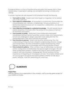 7 | Page 
 
Ecological literacy is a form of transformative education that requires shirts in three 
related areas: (1) perce