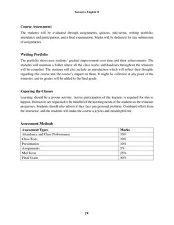 Intensive English II 
 
 
IV 
 
 
 
 
 
Course Assessment: 
The students will be evaluated through assignments, quizzes, mid-