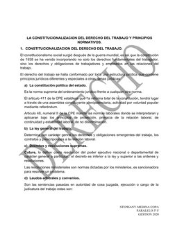 LA CONSTITUCIONALIZACION DEL DERECHO DEL TRABAJO Y PRINCIPIOS
NORMATIVOS.
1. CONSTITUCIONALIZACION DEL DERECHO DEL TRABAJO.
E