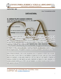 CONSULTORIA JURIDICA “CIEZA & ABOGADOS”
ASOCIADOS Y ASESORES JURIDICOS
CARTA Nº 262 – 2022 
Lima, 13 de setiembre de 2022 
CA