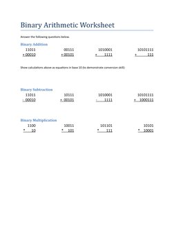 Binary Arithmetic Worksheet
Answer the following questions below.
Binary Addition
11011
+ 00010
00111
+ 00101
1010001
+