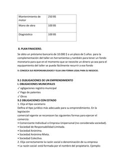 Mantenimiento de 
motor
250 BS
Mano de obra
100 BS
Diagnóstico 
100 BS
 8. PLAN FINACIERO.
Se obto un préstamo bancario de 10