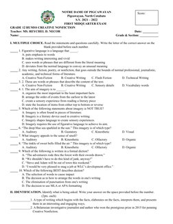 Score:
NOTRE DAME OF PIGCAWAYAN
Pigcawayan, North Cotabato
S.Y. 2021 – 2022 
    FIRST MIDQUARTER EXAM
GRADE 12 HUMSS CREATIV