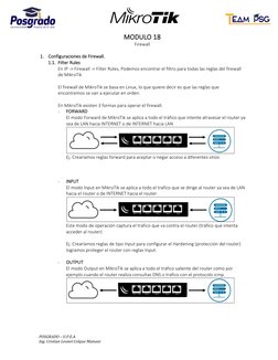 POSGRADO – U.P.E.A. 
Ing. Cristian Leonel Colque Mamani 
MODULO 18 
Firewall 
 
1. Configuraciones de Firewall. 
1.1. Filte