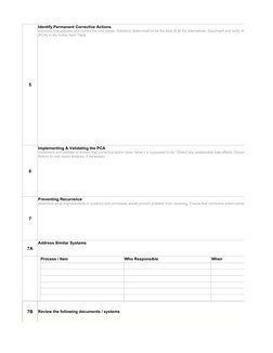 5
6
7
Identify Permanent Corrective Actions
solutions that address and correct the root cause. Solutions determined to be the