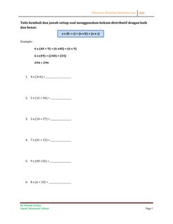 Montessori Worksheet Distributive Law 
 
2021
 
SD Holistik Awliya 
Islamic Montessori School 
Page 1 
 
Tulis kembali dan ja