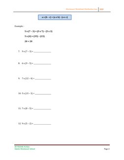 Montessori Worksheet Distributive Law 
 
2021
 
SD Holistik Awliya 
Islamic Montessori School 
Page 2 
 
 
 
Example : 
5 x (