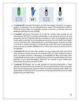 10 
 
 
 
 
 
 
 
 
 
• 
El conector SC (Suscriptor Connector) es el tipo de conector más barato, se ajusta a 
presión, es co