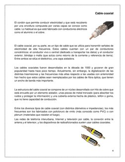 4 
 
Cable coaxial 
 
El cordón que permite conducir electricidad y que está recubierto 
por una envoltura compuesta por vari