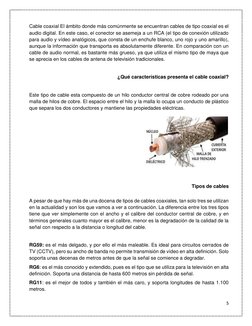 5 
 
Cable coaxial El ámbito donde más comúnmente se encuentran cables de tipo coaxial es el 
audio digital. En este caso, el