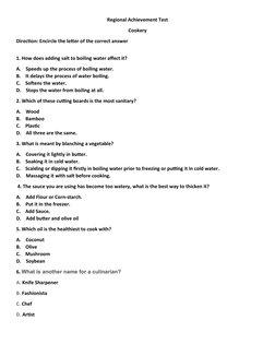Regional Achievement Test
Cookery
Direction: Encircle the letter of the correct answer
1. How does adding salt to boiling wat