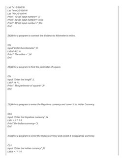 Let T=10/100*N
Let Twe=20/100*N
Let Thi=30/100*N 
Print " 10%of input number=" ;T
Print " 20%of input number=" ;Twe
Print " 3